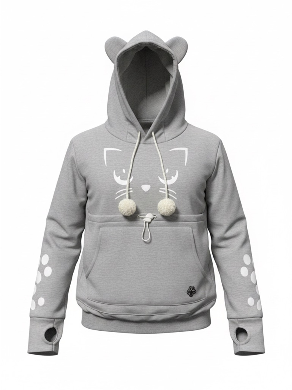 Gray Cat Hooded Sweatshirt with Ear Hood and Pom Pom Drawstrings